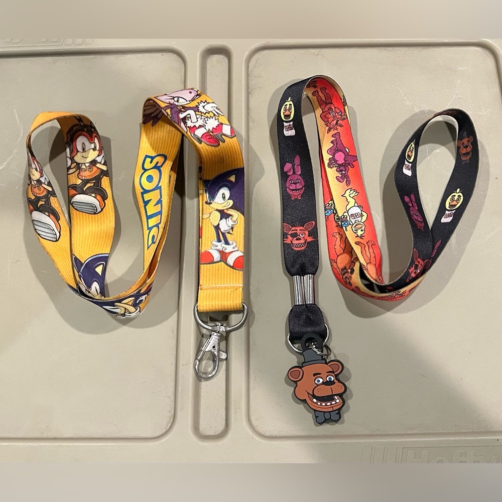 Five nights at Freddy’s and Sonic the Hedgehog lanyards.
